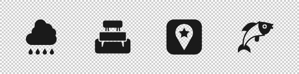 设置云与雨，长凳，位置露营和鱼的图标。向量图片下载