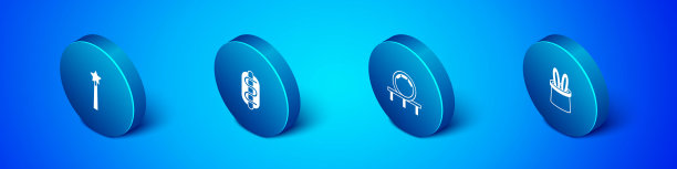 设置等距魔术棒，过山车，魔术师帽子兔子耳朵和热狗三明治图标。向量图片下载