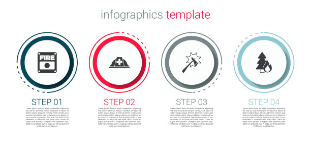 设置消防报警系统、消防头盔、斧头和燃烧的森林树木。业务信息模板。向量图片下载