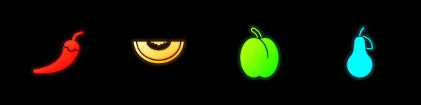 设置辣椒豆荚，瓜果，李子和梨图标。向量图片下载