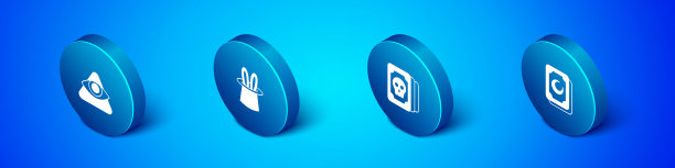 设置上帝的等距全视之眼，塔罗牌，魔术师的帽子和兔子耳朵图标。向量图片下载