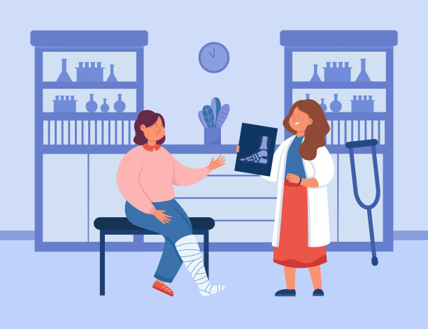 女孩与腿石膏访问医生平面矢量插图图片下载