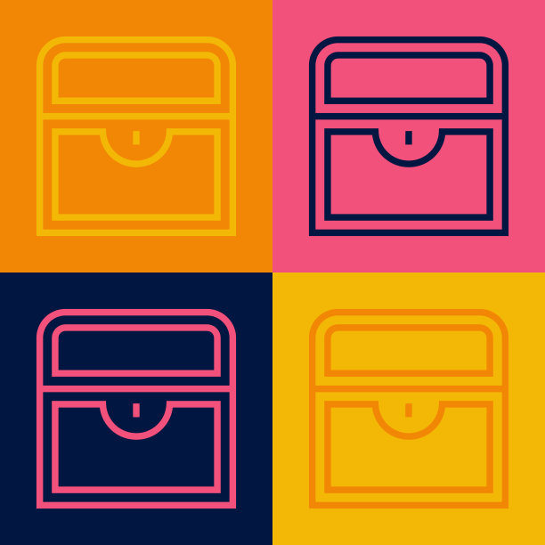 波普艺术线古董宝箱图标孤立的颜色背景。带金币的老式木箱。向量图片下载