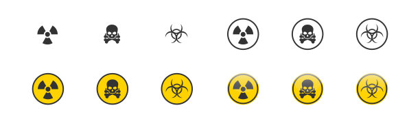 黄色的危险迹象。辐射，生物危害，死亡，有毒的设置图标在不同的风格。向量孤立图片下载