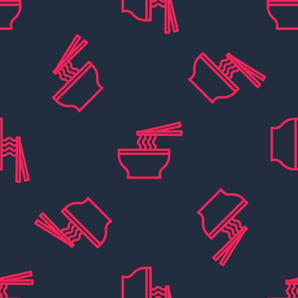红线亚洲面条在碗和筷子图标孤立无缝图案上的黑色背景。街头快餐。韩国、日本、中国菜。向量图片下载