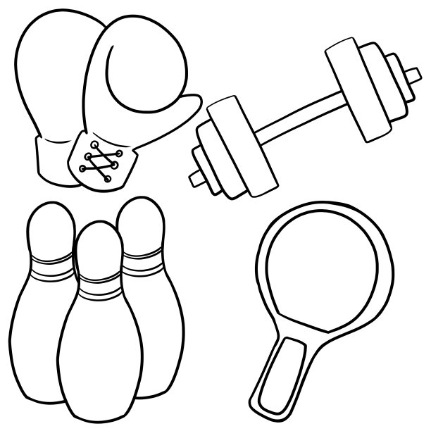 单色插图，涂色书。一套以运动为主题的插图，运动器材图片下载