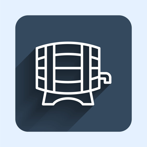 白线木桶在机架上与stopcock图标隔离与长阴影背景。蓝色方块按钮。向量图片下载