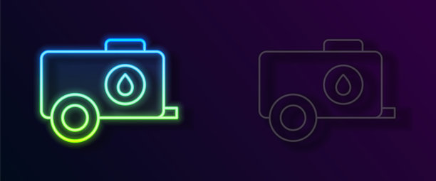 发光霓虹灯线移动水箱- bowser图标孤立在黑色背景。水箱送水。向量图片下载