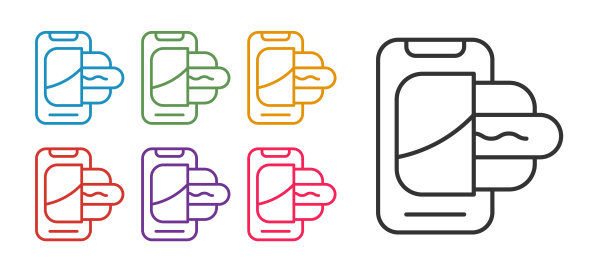 设置行食品订购移动图标孤立在白色背景上。手机订购。餐厅送餐理念。设置图标丰富多彩。向量图片下载