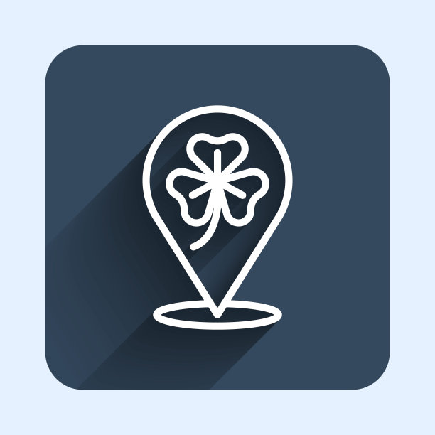 白色线三叶草三叶图标孤立与长阴影背景。圣帕特里克节快乐。爱尔兰国家假日。蓝色方块按钮。向量图片下载