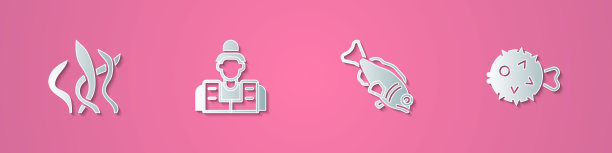 设置剪纸海藻，渔夫和刺猬的图标。纸艺术风格。向量图片下载