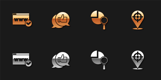 设置网站模板，客户产品评级，放大镜和分析和目标运动图标。向量图片下载