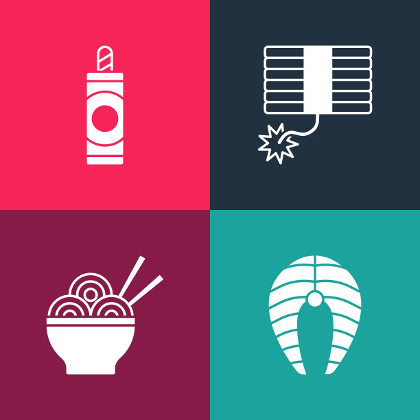 集流行艺术鱼排、亚洲面条于碗中、烟火与图标于一身。向量图片下载