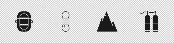 设置漂流船，攀登者绳索，山脉和Aqualung图标。向量图片下载