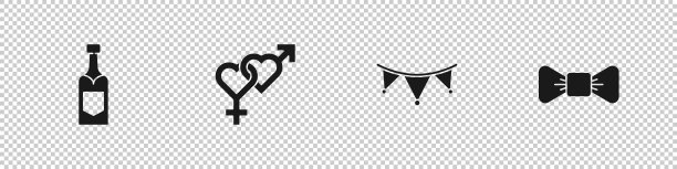 设置香槟瓶，性别，嘉年华花环与旗帜和蝴蝶结图标。向量图片下载
