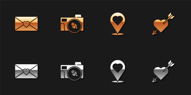 设置信封与情人节的心，照片相机，位置和爱情和箭头图标。向量图片下载