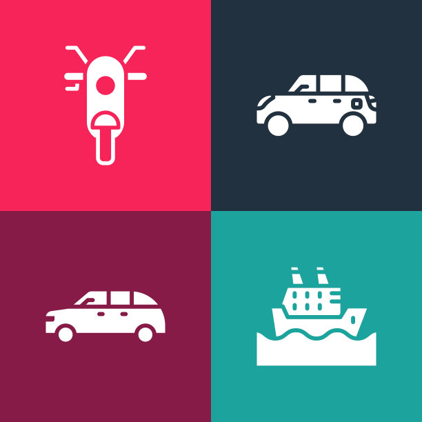 设置波普艺术邮轮，掀背车，和的图标。向量图片下载