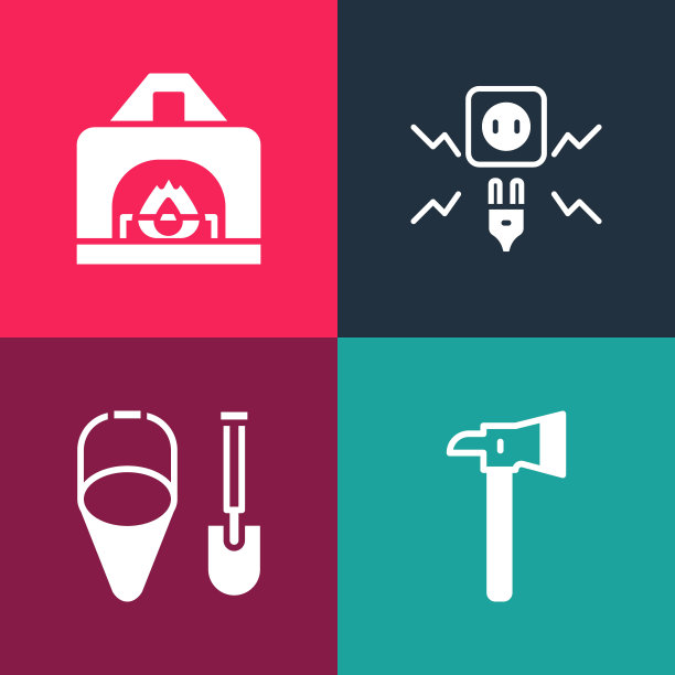 设置波普艺术消防员斧头，铲子和水桶，电火花和室内壁炉图标。向量图片下载