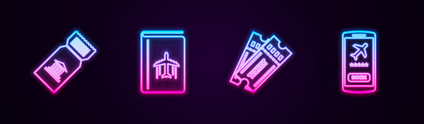 集博物馆门票、封套旅游指南、门票及手机配套。发光的霓虹灯图标。向量图片下载