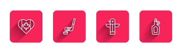 心型加拿大国旗，冰球棒和冰球，加拿大图腾柱和长影子枫糖浆瓶。红场按钮。向量图片下载