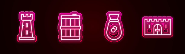 设置城堡塔，木桶，旧钱袋和中世纪城堡大门。发光的霓虹灯图标。向量图片下载