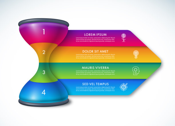 沙漏沙漏信息图形模板4个步骤，选项，零件。时间管理的概念。可用于图表、图形、演示、图表。图片下载