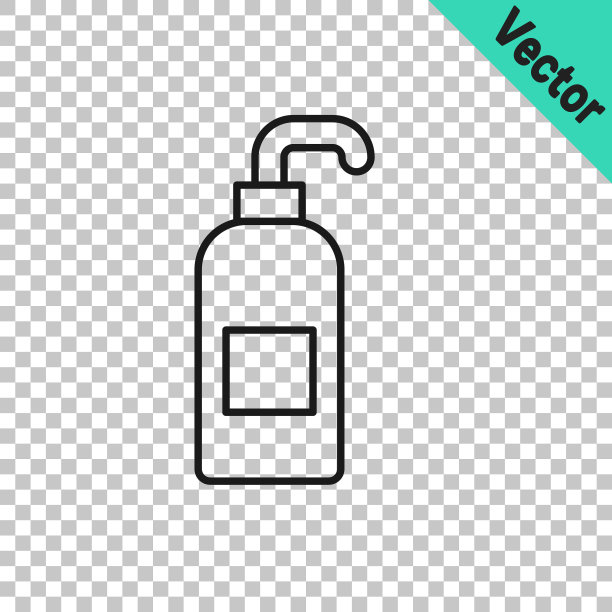 黑线瓶的液体抗菌肥皂与分配器图标隔离在透明的背景。防腐剂。消毒、卫生、护肤。向量图片下载