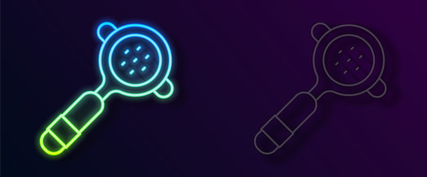 发光霓虹灯线咖啡过滤器持有人图标孤立在黑色背景。向量图片下载