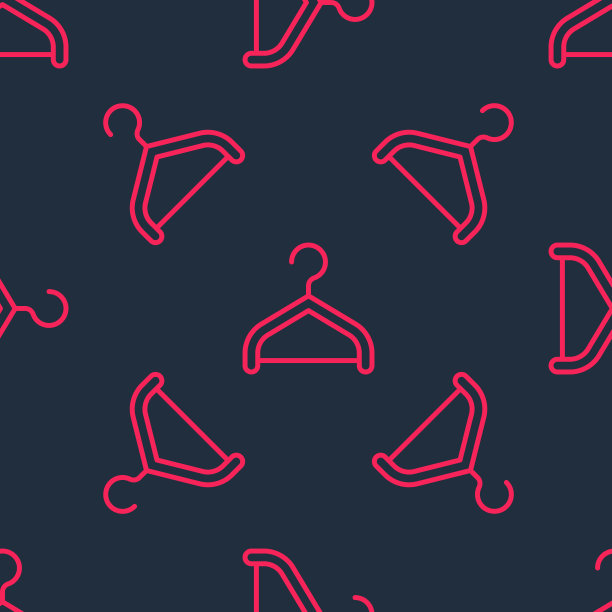 红色线衣架图标孤立无缝图案在黑色背景上。衣帽间图标。衣服服务的象征。衣服衣架的迹象。向量图片下载