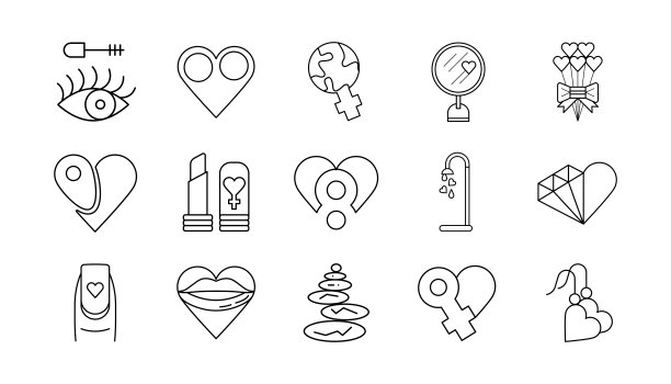 一组15个妇女相关的图标。现代心，钻石，位置，世界，嘴唇，镜子，口红，指甲，花等图标设置。图片下载