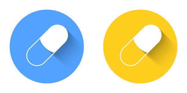 白色安眠药图标孤立与长阴影背景。圆按钮。向量图片下载