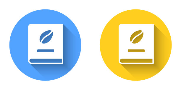 白色咖啡书图标孤立与长阴影背景。圆按钮。向量图片下载