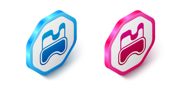 等距潜水面具图标孤立在白色背景上。极限运动。在水下潜水设备。六角按钮。向量图片下载