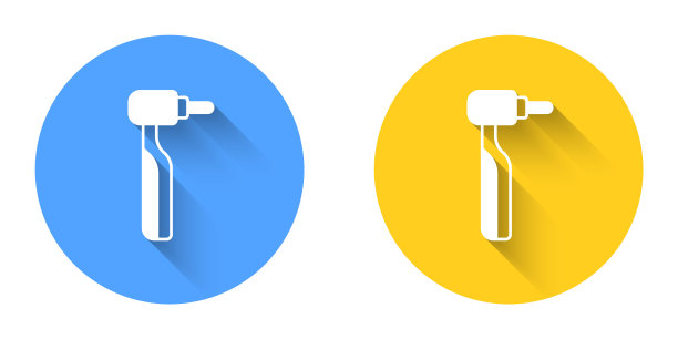 白牙钻图标孤立与长阴影背景。牙科手机用于钻孔和研磨工具。圆按钮。向量图片下载