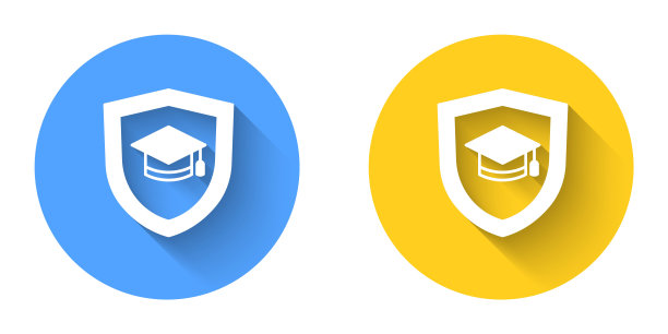 白色毕业帽与盾图标孤立与长阴影背景。保险的概念。安全，安全，保护，保护理念。圆按钮。向量图片下载