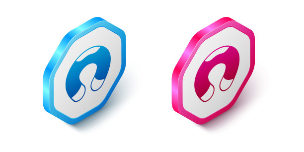 等距旅行颈枕图标孤立在白色背景上。枕头u型。六角按钮。向量图片下载