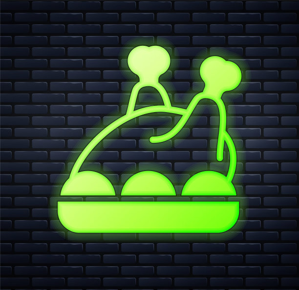 砖墙背景上的发光霓虹灯烤火鸡或鸡肉图标矢量图图片下载