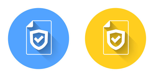白色合同与盾图标隔离与长阴影背景。保险的概念。安全，安全，保护，保护理念。圆按钮。向量图片下载