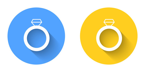 白色钻石订婚戒指图标孤立与长阴影背景。圆按钮。向量图片下载