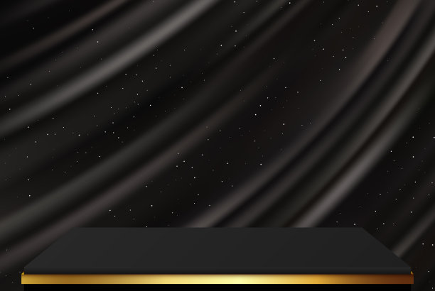 黑色的讲台与金色闪光和现实的黑色丝绸窗帘与银色闪光纸屑。矢量图图片下载