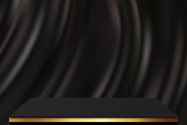 背景是一个黑色的讲台与金色闪光和现实的黑色丝绸窗帘。矢量图图片下载