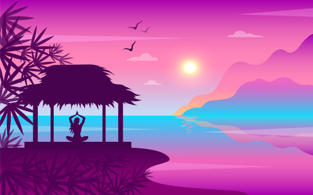 日落景观和一个在海边冥想的女孩图片下载