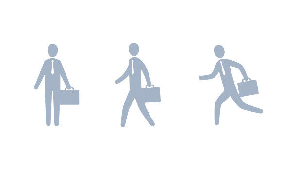 商人站立，行走，奔跑的图标。人体运动插图集。图片下载