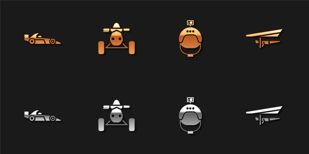 设置一级方程式赛车，亚视摩托车，头盔和行动相机和悬挂滑翔机图标。向量图片下载