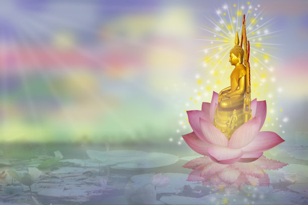 佛像坐在河中粉红色的莲花上。图片下载
