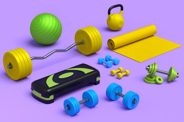 运动器材的等距视图，如壶铃、哑铃和紫色的杠铃图片下载