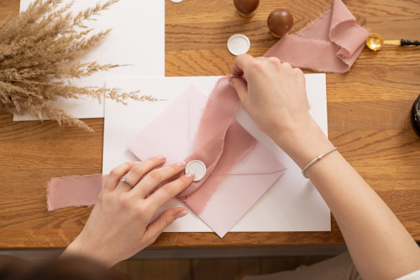 裁剪照片妇女手制作问候信封工艺，用粉色丝带和印花装饰。谷物在书桌上。图片下载