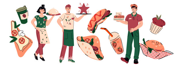 餐厅员工在快餐中扮演服务员和送餐员。图片下载