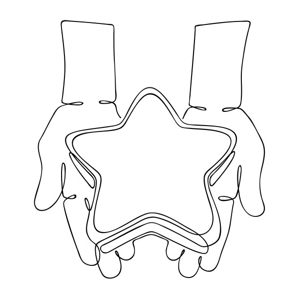 星星落在人类的手掌上。一条连续的线画。素描,线性图。表达感情，感恩，对善举的奖励。核心的人类价值。慈善与捐赠理念图片下载