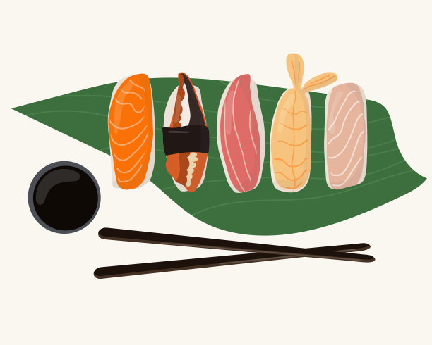 一套传统的日本菜卷和寿司海鲜。盛在棕榈叶上。卡通矢量插图手绘图片下载